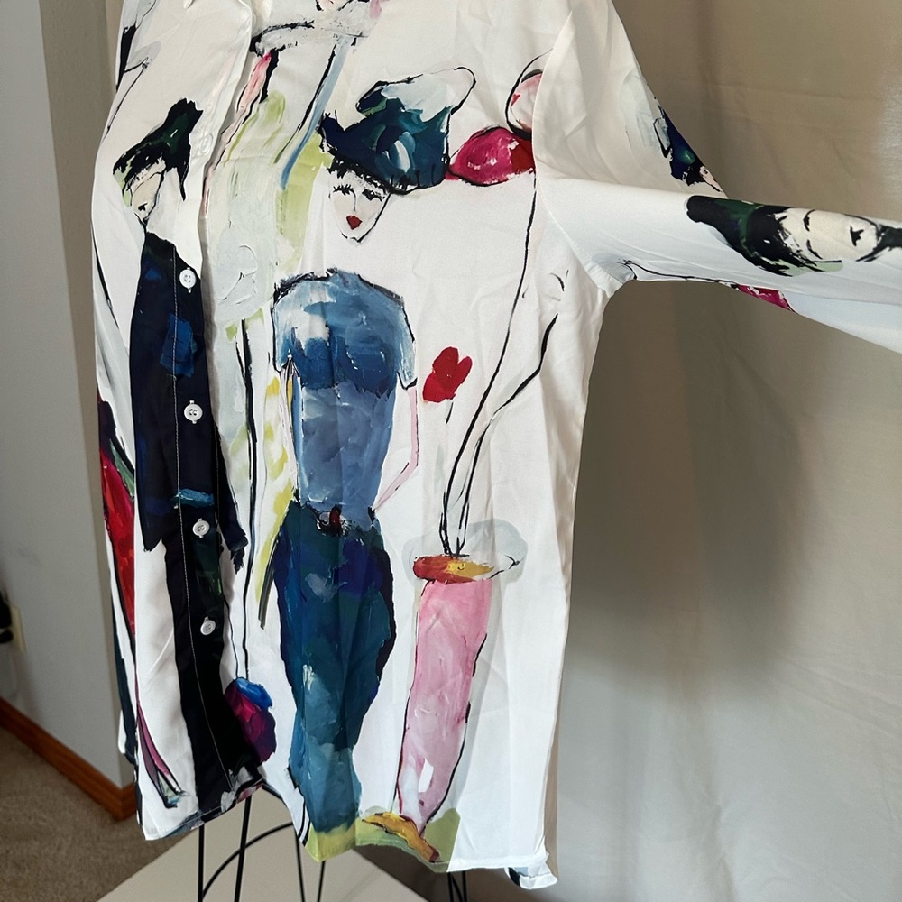 NWOT Artistic Print Button-Up Shirt long sleeve blouse XL Shein multicolor white - Picture 10 of 16